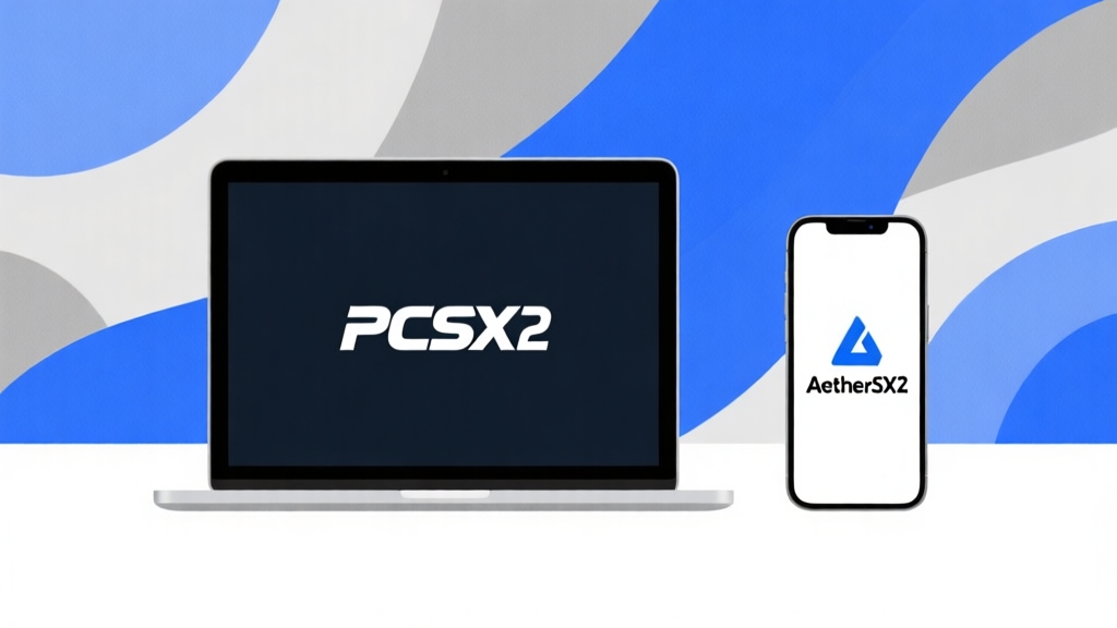 Ilustrasi side-by-side minimalis dua perangkat: laptop dengan logo PCSX2 dan smartphone dengan logo AetherSX2, latar belakang abstrak dengan warna biru dan abu-abu, gaya desain bersih dan modern high quality illustration, detailed, 16:9