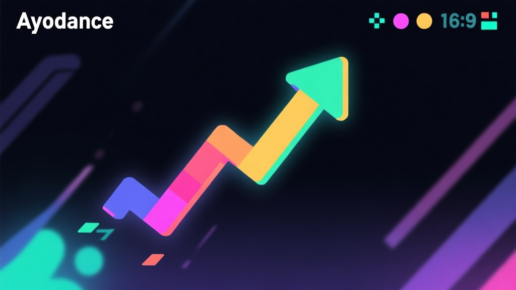 Ilustrasi minimalis layar Ayodance dengan panah berwarna-warni bergerak ke atas, latar belakang gelap dengan efek cahaya halus, gaya game arcade yang bersih high quality illustration, detailed, 16:9