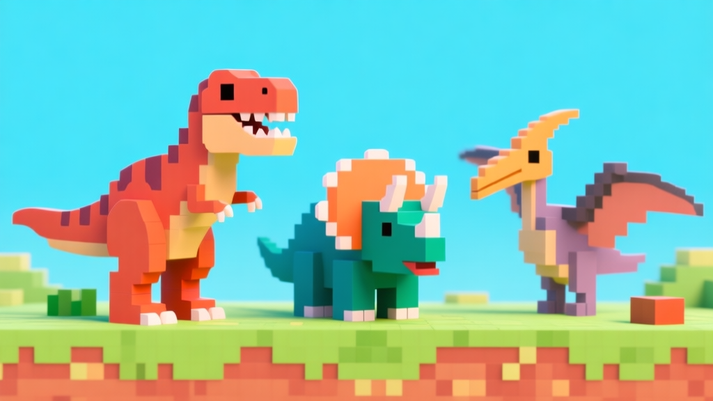 Ilustrasi minimalis beberapa ikon dinosaurus (T-Rex, Triceratops, Pterodactyl) dengan gaya blok khas Roblox, berdiri di atas lanskap pixelated, warna-warna cerah namun tidak terlalu mencolok, latar belakang biru muda high quality illustration, detailed, 16:9