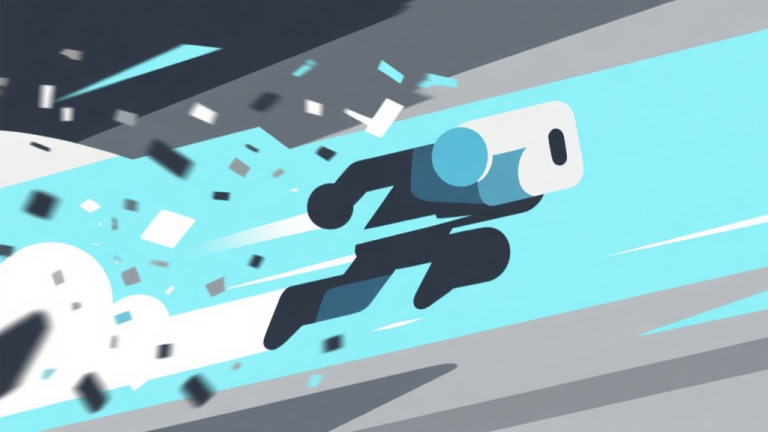 自动生成图片: Ilustrasi minimalis karakter game abstrak sedang meluncur di udara dengan partikel efek di sekitarnya, skema warna biru muda dan abu-abu, gaya desain bersih, menggambarkan aksi chaos yang terkontrol high quality illustration, detailed, 16:9