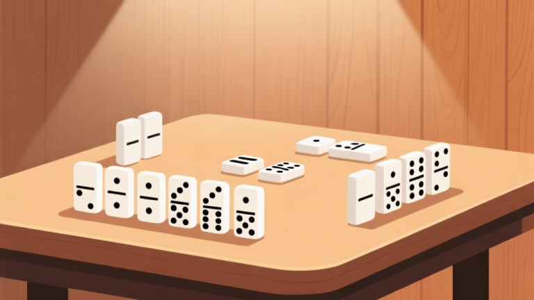 自动生成图片: Ilustrasi minimalis meja permainan dengan domino berwarna putih dan hitam tersusun rapi, latar belakang kayu hangat, cahaya lembut, gaya ilustrasi digital yang bersih high quality illustration, detailed, 16:9