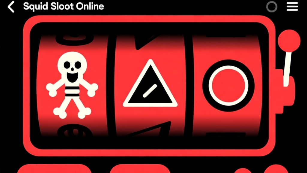 Ilustrasi minimalis dari antarmuka permainan slot online dengan simbol-simbol ikonis Squid Game seperti boneka, topeng segitiga, dan bentuk lingkaran-segitiga-persegi di gulungan, skema warna merah dan hitam yang dramatis, desain bersih dan modern high quality illustration, detailed, 16:9