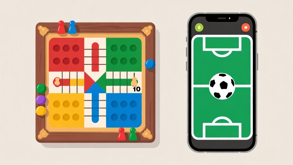 Ilustrasi dua sisi yang kontras, satu sisi menampilkan papan permainan Ludo tradisional dengan bidak warna-warni, sisi lain menampilkan layar ponsel dengan grafis permainan sepak bola digital yang minimalis, latar belakang netral, gaya ilustrasi clean dan profesional high quality illustration, detailed, 16:9