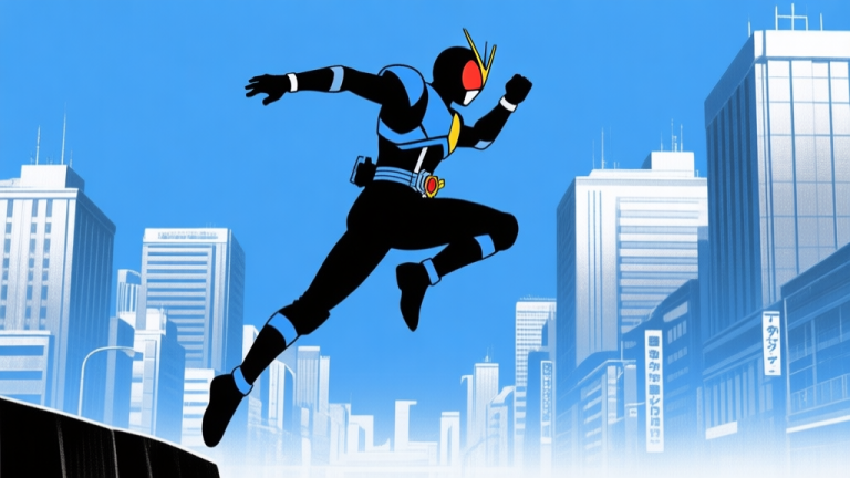 自动生成图片: Ilustrasi siluet heroik Kamen Rider Sky Rider melompat ke udara dengan latar belakang kota era Showa, gaya seni retro dengan nuansa biru dan perak, minimalis dan dramatis high quality illustration, detailed, 16:9