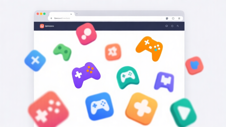 自动生成图片: Ilustrasi antarmuka browser dengan berbagai ikon game berwarna-warni melayang di atasnya, latar belakang putih bersih, gaya minimalis modern, menunjukkan konsep game berbasis web yang ringan high quality illustration, detailed, 16:9