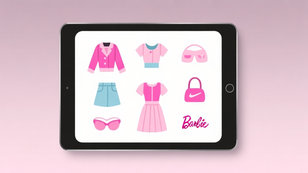 Ilustrasi minimalis layar tablet dengan ikon pakaian dan aksesori Barbie yang tersusun rapi, skema warna pastel lembut, desain bersih dan modern, gaya ilustrasi konsep kreatif high quality illustration, detailed, 16:9
