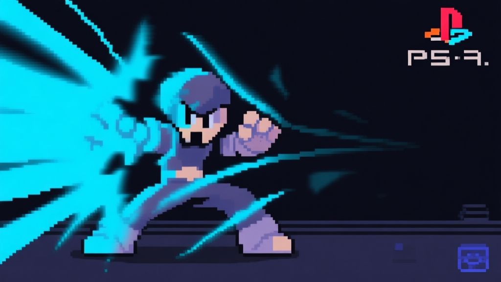 Ilustrasi abstrak dari karakter game retro PS2 sedang melakukan gerakan menghindar, dengan efek blur dan garis aksi berwarna biru, latar belakang gelap dengan aksen pixel, gaya minimalis retro gaming high quality illustration, detailed, 16:9