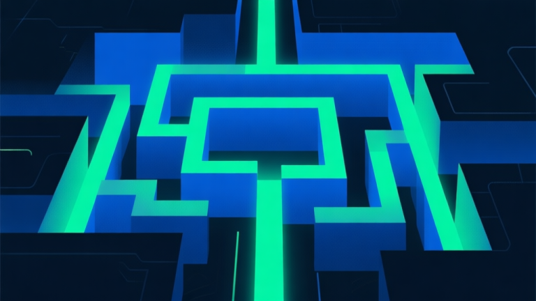 自动生成图片: Ilustrasi abstrak labirin digital dengan jalur bercahaya biru dan hijau, gaya minimalis, nuansa misterius dan futuristik, komposisi geometris bersih high quality illustration, detailed, 16:9