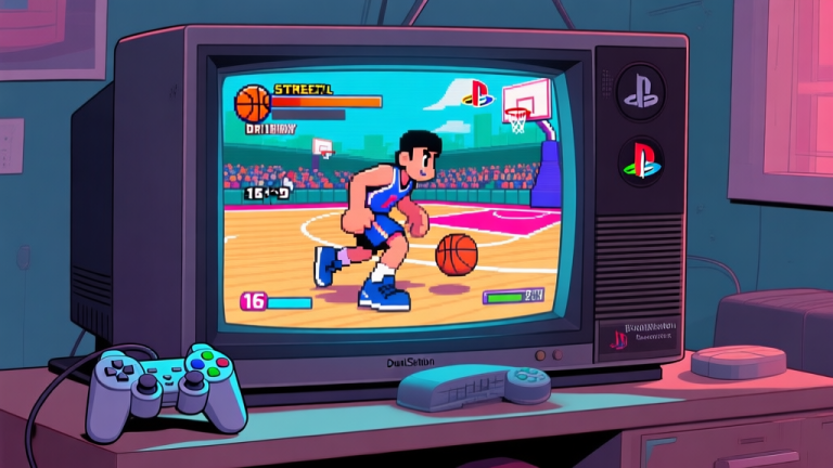 自动生成图片: Ilustrasi layar televisi CRT dengan konsol PlayStation 2 dan controller DualShock 2, sedang menampilkan gameplay Street Basketball dengan karakter melakukan dribble, warna retro dan nuansa nostalgia high quality illustration, detailed, 16:9