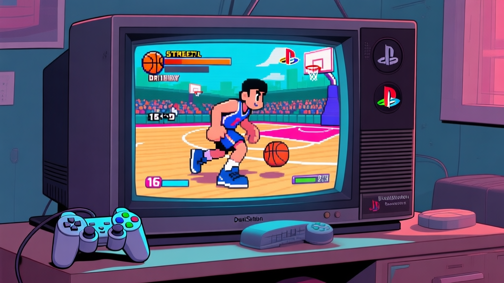 Ilustrasi layar televisi CRT dengan konsol PlayStation 2 dan controller DualShock 2, sedang menampilkan gameplay Street Basketball dengan karakter melakukan dribble, warna retro dan nuansa nostalgia high quality illustration, detailed, 16:9