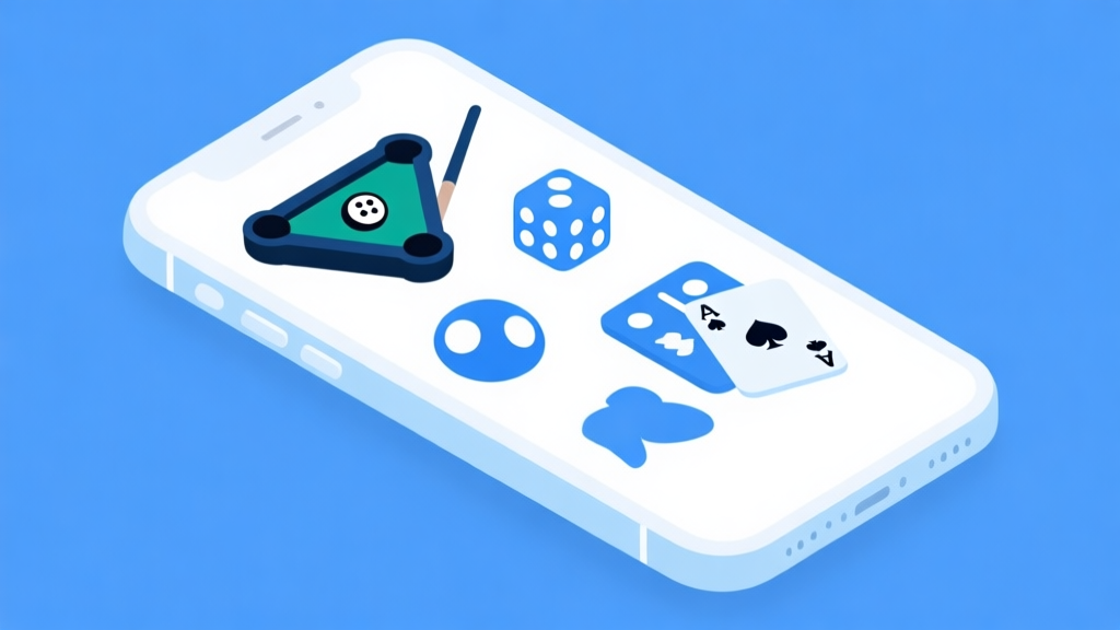 Ilustrasi minimalis layar smartphone dengan ikon beberapa game populer seperti bola biliar, dadu Ludo, dan kartu domino, skema warna biru muda dan putih, desain bersih untuk konsep platform game online high quality illustration, detailed, 16:9