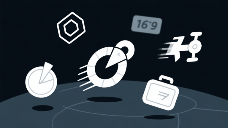 自动生成图片: Ilustrasi minimalis beberapa ikon portal Geometry Dash melayang di atas latar belakang gelap, termasuk portal gravitasi, kecepatan, dan ukuran, dengan garis-garis geometris halus, gaya clean vector high quality illustration, detailed, 16:9