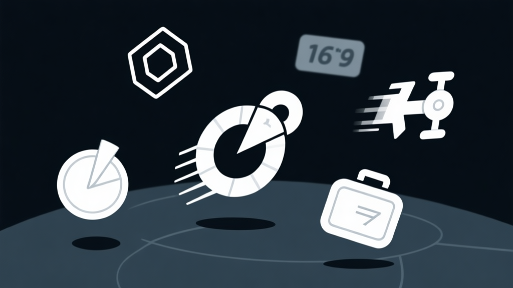 Ilustrasi minimalis beberapa ikon portal Geometry Dash melayang di atas latar belakang gelap, termasuk portal gravitasi, kecepatan, dan ukuran, dengan garis-garis geometris halus, gaya clean vector high quality illustration, detailed, 16:9