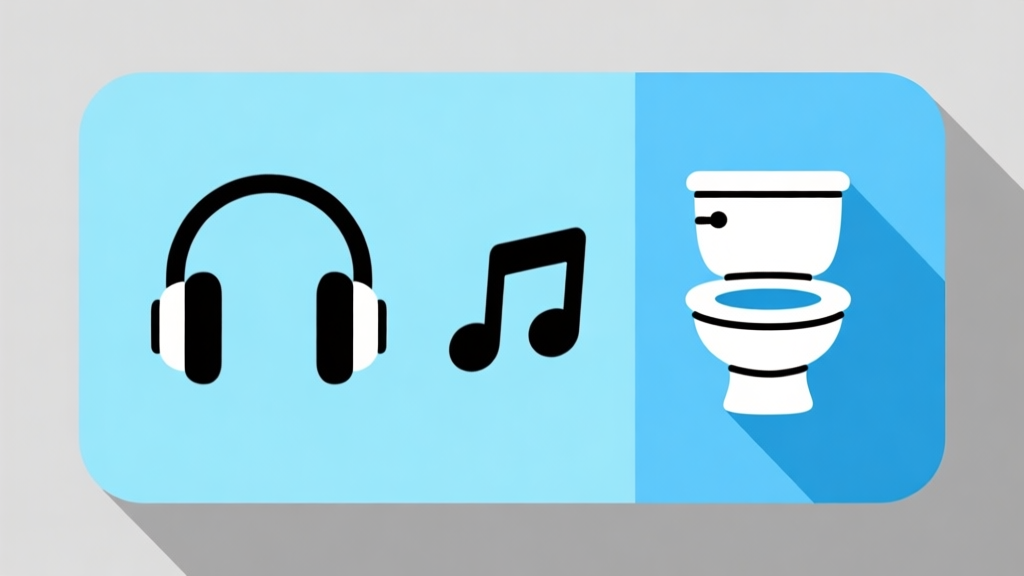 Ilustrasi grafis minimalis dengan ikon headphone, simbol musik, dan ikon toilet bergaya kartun, skema warna biru muda dan abu-abu, desain bersih, gaya infografis digital high quality illustration, detailed, 16:9