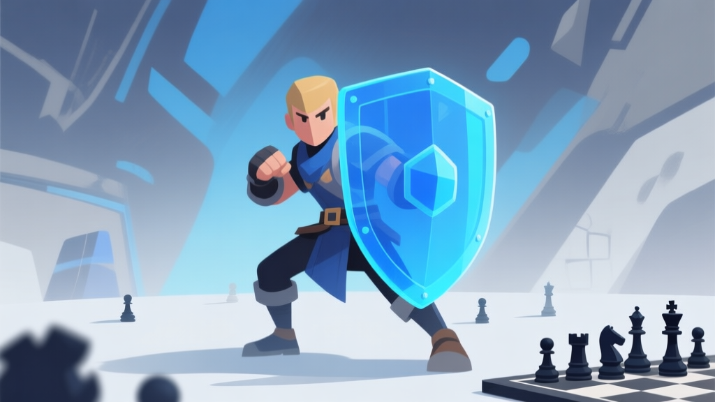 Ilustrasi karakter game stylized dengan pose bertahan, shield atau barrier berwarna biru transparan di sekelilingnya, latar belakang abstrak dengan elemen strategi seperti papan catur mini, gaya minimalis game digital, skema warna biru dan abu-abu yang profesional high quality illustration, detailed, 16:9