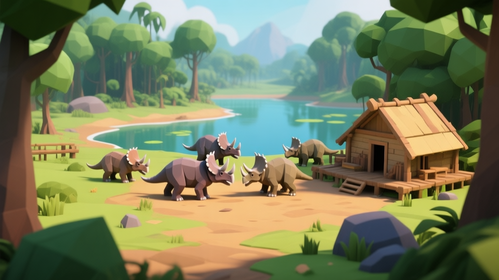 Ilustrasi gaya game dari pemandangan dunia prasejarah dengan hutan purba, danau, serta sekelompok Triceratops yang sedang berkumpul di dekat pondok kayu sederhana, warna bumi dan hijau yang mendominasi, gaya visual game 3D low-poly yang bersih high quality illustration, detailed, 16:9