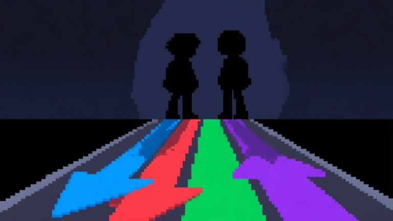 自动生成图片: Ilustrasi minimalis game rhythm dengan not panah berwarna biru, merah, hijau, dan ungu turun di atas jalan, latar belakang gelap dengan siluet dua karakter berdiri berhadapan, gaya seni pixel yang bersih high quality illustration, detailed, 16:9