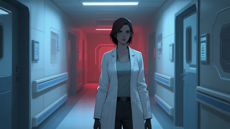 自动生成图片: Ilustrasi karakter game wanita dengan jas lab putih samar, berdiri di koridor rumah sakit futuristik yang redup, nuansa misterius, gaya artwork game cinematic, warna dingin dominan biru dan abu-abu high quality illustration, detailed, 16:9