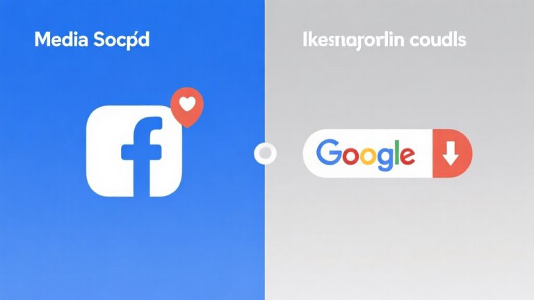 自动生成图片: Ilustrasi diagram sederhana dengan dua sisi, satu sisi menunjukkan ikon media sosial yang ramai dengan notifikasi, sisi lain menunjukkan ikon mesin pencari Google dengan panah ke bawah yang kecil, skema warna biru dan abu-abu, desain minimal bersih, gaya infografis digital high quality illustration, detailed, 16:9