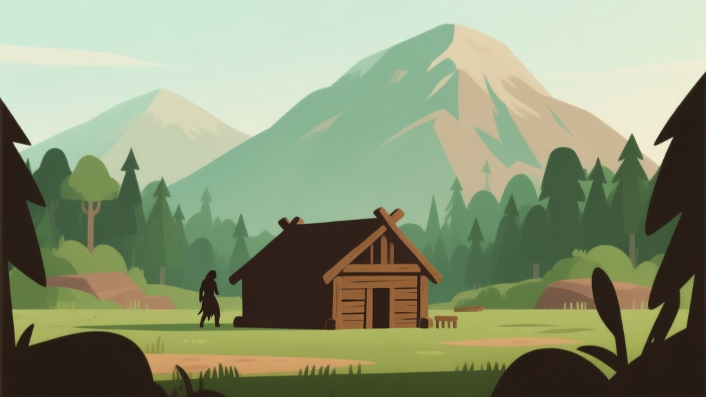 Ilustrasi minimalis lanskap prasejarah dengan gunung dan hutan di latar belakang, serta siluet bangunan kayu sederhana di tengah, skema warna hijau dan coklat lembut, gaya desain bersih untuk game simulasi high quality illustration, detailed, 16:9