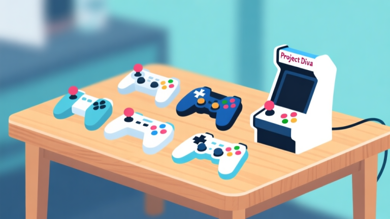 自动生成图片: Ilustrasi minimalis beberapa controller arkade Project Diva dengan desain berbeda, diletakkan bersisian di atas meja kayu terang, latar belakang blur, warna dominan biru muda dan putih, gaya flat design high quality illustration, detailed, 16:9