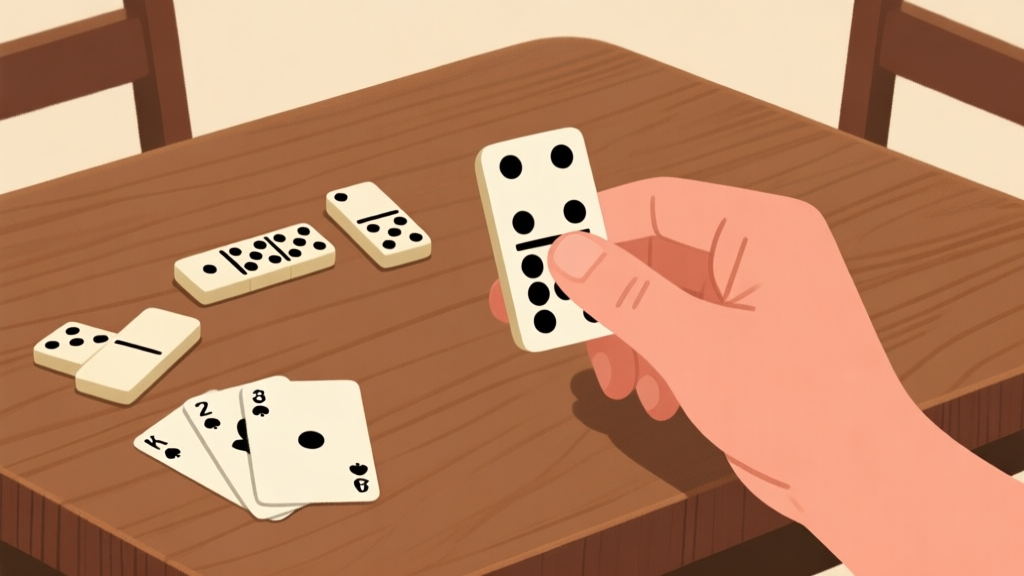 Ilustrasi minimalis tangan memegang kartu domino Gaple di atas meja kayu, dengan beberapa kartu terbuka menunjukkan kombinasi angka, suasana santai dan informatif, skema warna earth tone yang hangat high quality illustration, detailed, 16:9