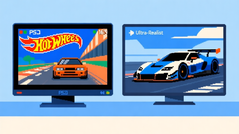自动生成图片: Ilustrasi dua layar game berdampingan, satu menunjukkan grafis pixelated klasik game balap PS2 dengan mobil Hot Wheels, satu lagi menunjukkan grafis ultra-realistis game balap modern, dengan gaya ilustrasi minimalis dan skema warna biru dan jingga high quality illustration, detailed, 16:9
