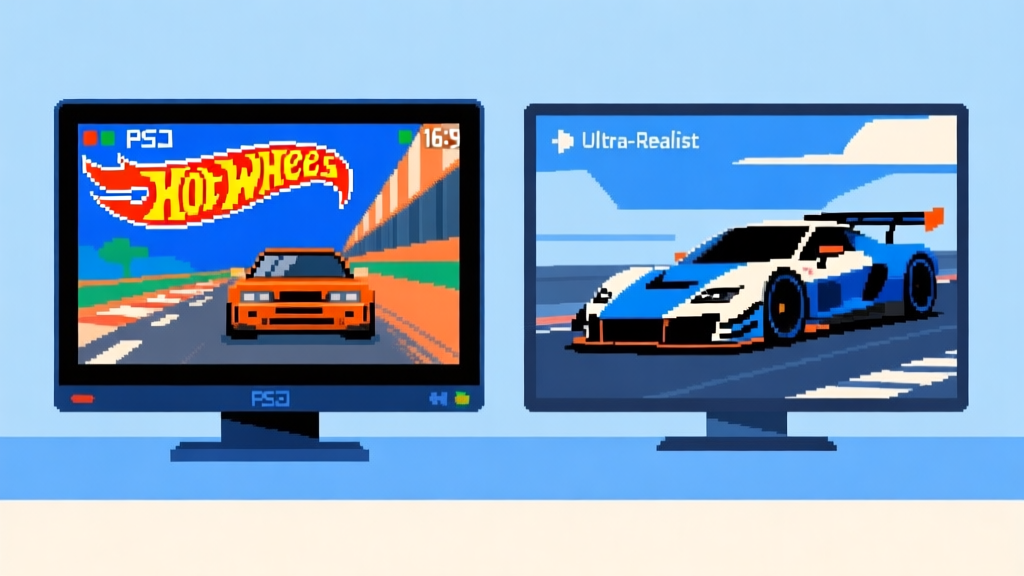 Ilustrasi dua layar game berdampingan, satu menunjukkan grafis pixelated klasik game balap PS2 dengan mobil Hot Wheels, satu lagi menunjukkan grafis ultra-realistis game balap modern, dengan gaya ilustrasi minimalis dan skema warna biru dan jingga high quality illustration, detailed, 16:9