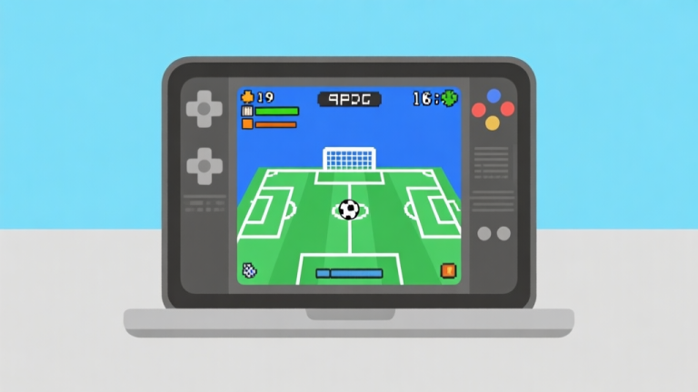 自动生成图片: Ilustrasi minimalis laptop dengan jendela emulator yang menampilkan gameplay sepak bola retro, latar belakang biru muda dan abu-abu, desain bersih, konsep nostalgia gaming high quality illustration, detailed, 16:9