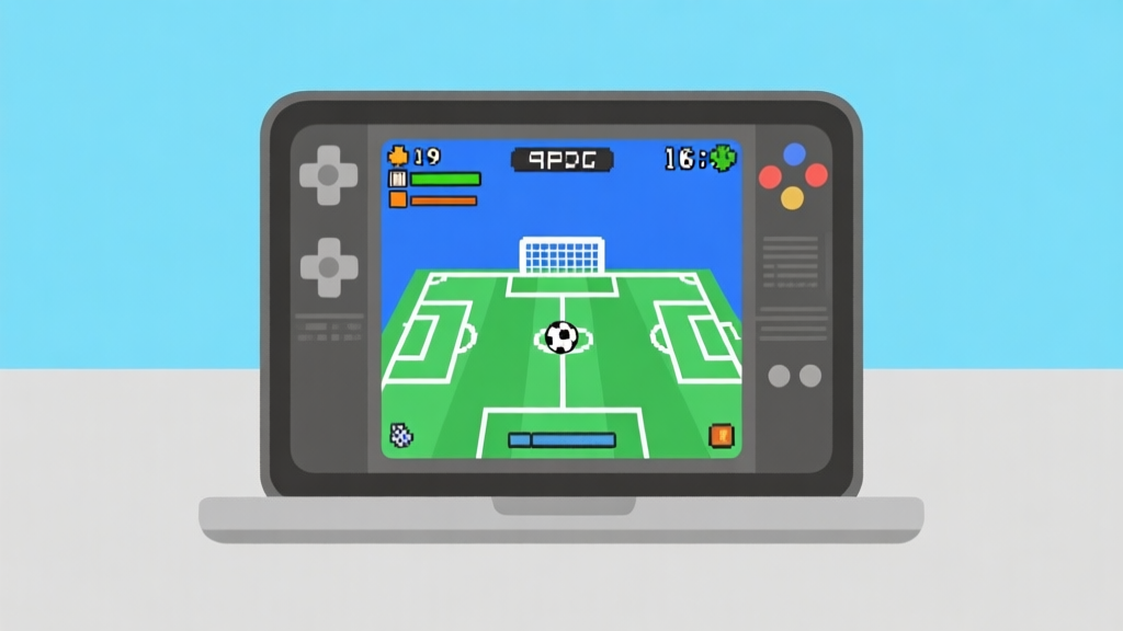 Ilustrasi minimalis laptop dengan jendela emulator yang menampilkan gameplay sepak bola retro, latar belakang biru muda dan abu-abu, desain bersih, konsep nostalgia gaming high quality illustration, detailed, 16:9