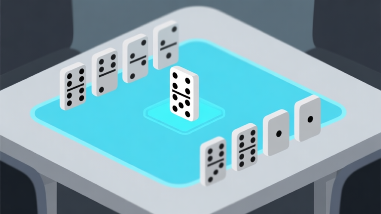 自动生成图片: Ilustrasi minimalis kartu domino berjajar di atas meja virtual dengan highlight pada satu kartu di tengah, skema warna biru muda dan abu-abu, gaya desain bersih, konsep game digital high quality illustration, detailed, 16:9