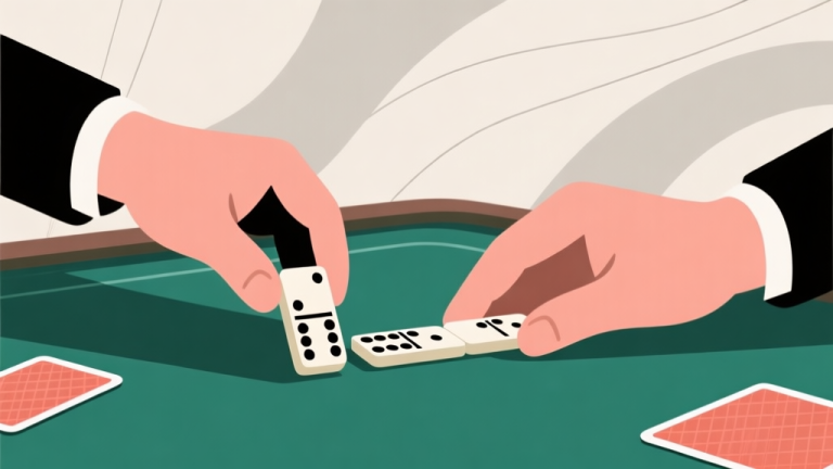 自动生成图片: Ilustrasi minimalis permainan Domino Gaple dengan fokus pada dua tangan pemain, satu tangan sedang menempatkan kartu domino di atas meja dengan gaya strategis, latar belakang abstrak dengan warna netral dan garis-garis samar menyerupai papan permainan, gaya clean dan profesional high quality illustration, detailed, 16:9