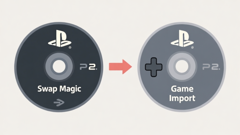 自动生成图片: Ilustrasi minimalis dua disc PlayStation 2, satu berlabel "Swap Magic" dan satu berlabel "Game Import", dengan panah pertukaran di antaranya, latar belakang bersih dengan warna netral, gaya desain grafis sederhana high quality illustration, detailed, 16:9