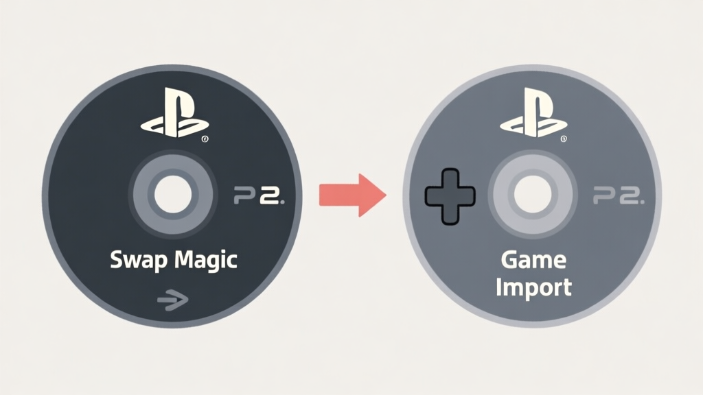 Ilustrasi minimalis dua disc PlayStation 2, satu berlabel "Swap Magic" dan satu berlabel "Game Import", dengan panah pertukaran di antaranya, latar belakang bersih dengan warna netral, gaya desain grafis sederhana high quality illustration, detailed, 16:9