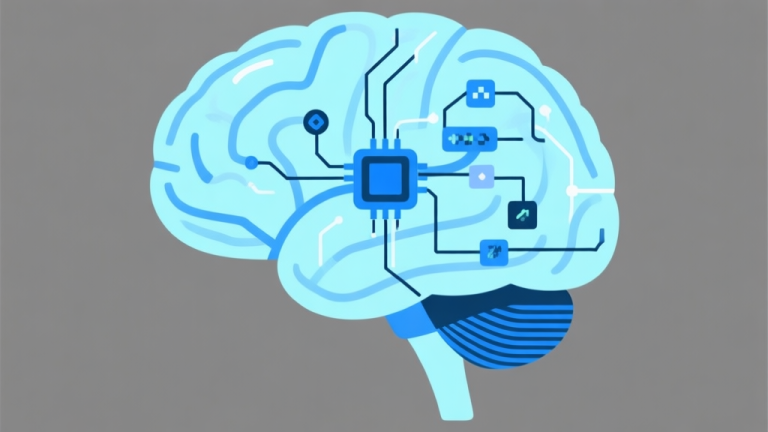自动生成图片: Ilustrasi abstrak otak manusia dengan sirkuit dan diagram alur strategi game yang tumpang tindih, skema warna biru muda dan abu-abu, desain minimal bersih, gaya infografis konseptual high quality illustration, detailed, 16:9