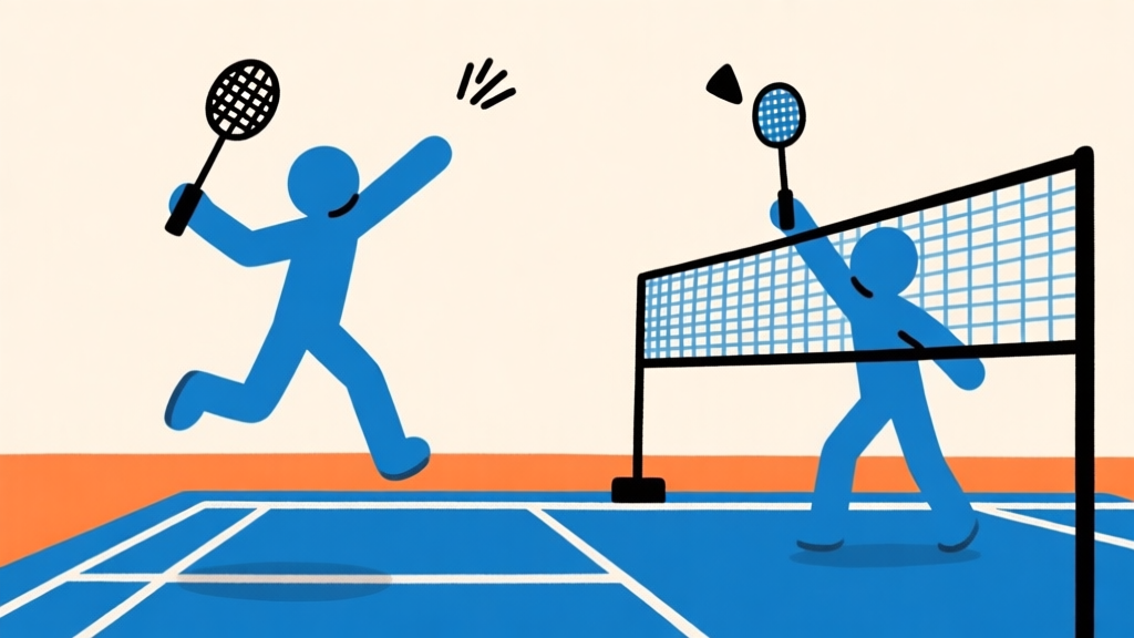 Ilustrasi dua karakter stickman di lapangan badminton, satu sedang melakukan smash dengan pose melompat, yang lain berusaha menjangkau drop shot di dekat net, gaya grafis minimalis dengan warna biru dan oranye, latar belakang sederhana high quality illustration, detailed, 16:9