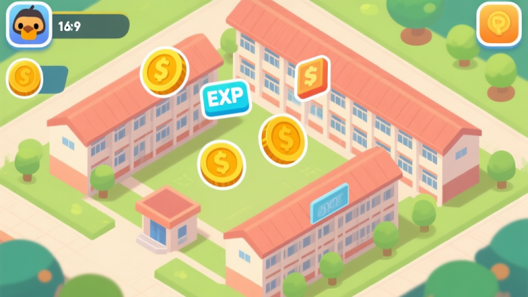 自动生成图片: Ilustrasi game dengan tampilan bird's-eye view sebuah asrama (dorm) yang teratur, terdapat ikon-ikon koin dan EXP mengambang di atasnya, gaya art game mobile yang cerah dan bersih high quality illustration, detailed, 16:9