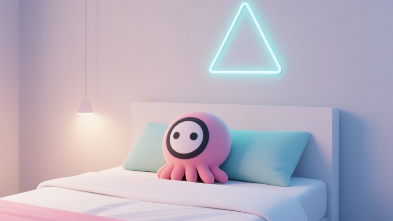 自动生成图片: Komposisi dekorasi kamar minimalis dengan tema Squid Game, menampilkan bantal berbentuk lingkaran-segitiga-persegi berwarna pastel di atas tempat tidur putih, dinding polos dengan stiker garis-garis neon sederhana, pencahayaan lembut, gaya ilustrasi digital yang bersih high quality illustration, detailed, 16:9