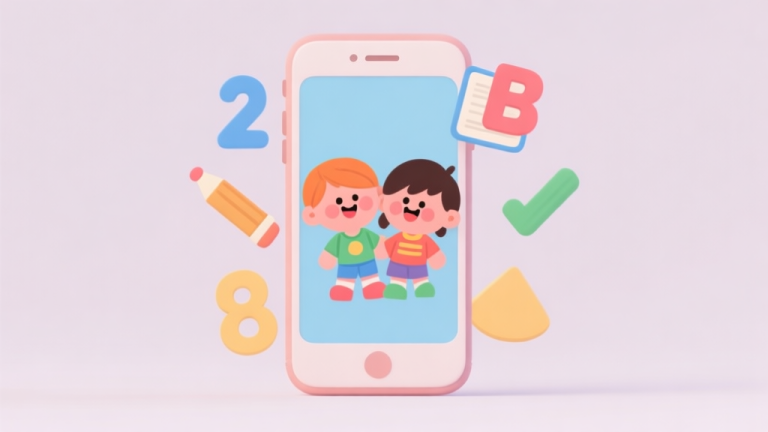 自动生成图片: Ilustrasi minimalis dengan ikon ponsel pintar yang menampilkan karakter kartun anak-anak yang ceria, dikelilingi oleh simbol-simbol pendidikan seperti angka, huruf, dan bentuk. Warna pastel yang lembut, desain bersih dan ramah. high quality illustration, detailed, 16:9