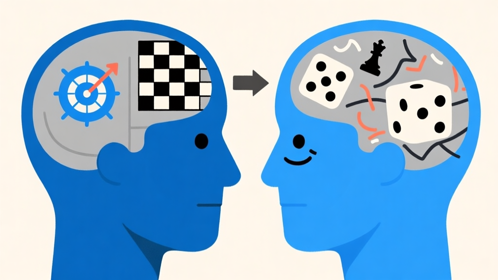 Ilustrasi dua sisi pikiran yang berbeda, satu sisi dengan ikon strategi, papan catur, dan panah yang terorganisir, sisi lain dengan ikon dadu dan emosi yang berantakan, skema warna biru dan abu-abu, gaya minimalis bersih, ilustrasi konsep game high quality illustration, detailed, 16:9