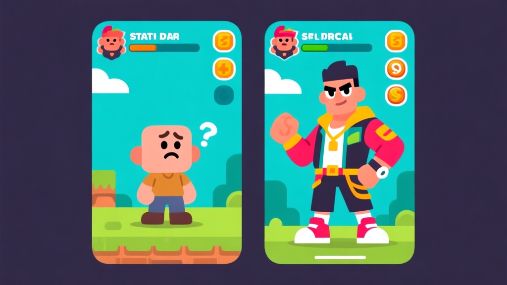 Ilustrasi dua panel side-by-side, kiri: karakter game dengan stat rendah dan penampilan biasa, terlihat bingung; kanan: karakter yang sama dengan stat tinggi dan penampilan kustom yang stylish, penuh percaya diri. Gaya flat design, warna cerah namun tidak mencolok, nuansa game mobile Indonesia populer. high quality illustration, detailed, 16:9