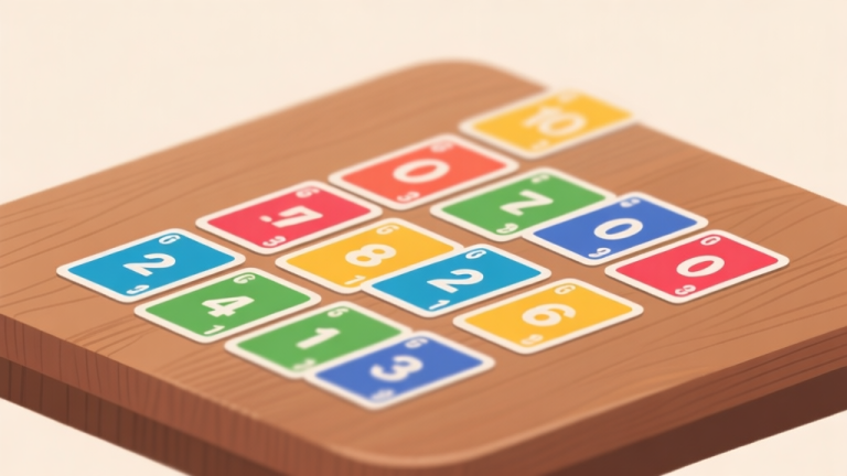 自动生成图片: Ilustrasi minimalis kartu Phase 10 berwarna-warni tersusun rapi di atas meja kayu, dengan fokus pada angka dan warna, gaya clean dan informatif, latar belakang lembut high quality illustration, detailed, 16:9