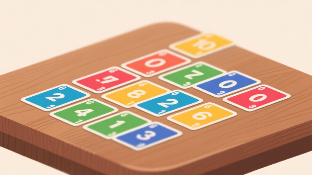 Ilustrasi minimalis kartu Phase 10 berwarna-warni tersusun rapi di atas meja kayu, dengan fokus pada angka dan warna, gaya clean dan informatif, latar belakang lembut high quality illustration, detailed, 16:9