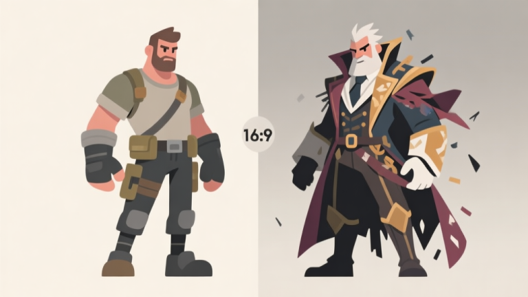 自动生成图片: Ilustrasi kontras dua karakter game, satu dengan kostum sederhana dan fungsional, lainnya dengan kostum mewah namun berantakan dan terlihat tidak praktis, gaya flat design minimalis dengan warna netral high quality illustration, detailed, 16:9