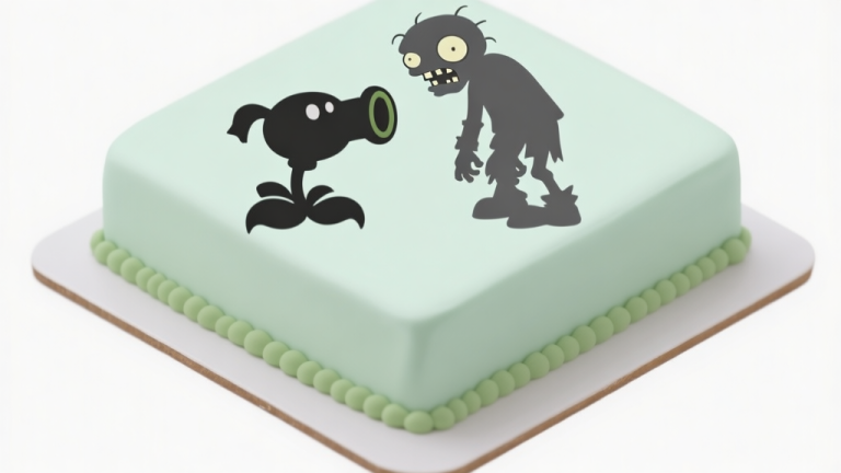 自动生成图片: Ilustrasi dekorasi kue dengan tema game, menampilkan siluet karakter Peashooter dan Zombie dari Plants vs. Zombies yang sederhana di atas kue persegi, warna pastel hijau dan abu-abu, gaya minimalis dan bersih, latar belakang putih high quality illustration, detailed, 16:9