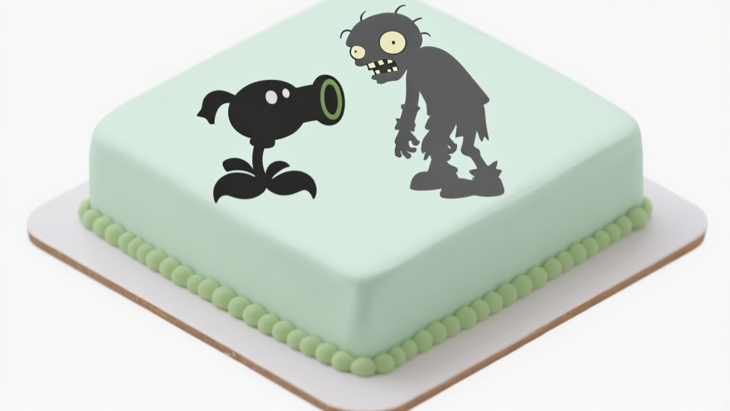 Ilustrasi dekorasi kue dengan tema game, menampilkan siluet karakter Peashooter dan Zombie dari Plants vs. Zombies yang sederhana di atas kue persegi, warna pastel hijau dan abu-abu, gaya minimalis dan bersih, latar belakang putih high quality illustration, detailed, 16:9
