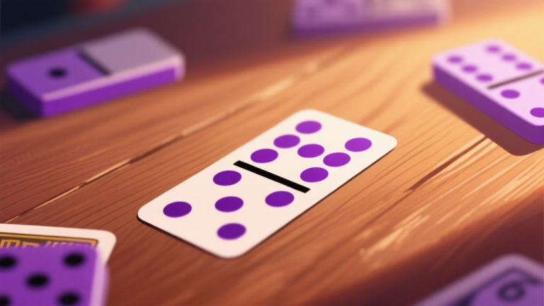 自动生成图片: Ilustrasi kartu domino 6/6 (double enam) dengan titik-titik berwarna ungu di atas meja kayu, cahaya hangat, gaya realistik namun fokus pada kartu, latar belakang blur dengan kartu domino lainnya high quality illustration, detailed, 16:9