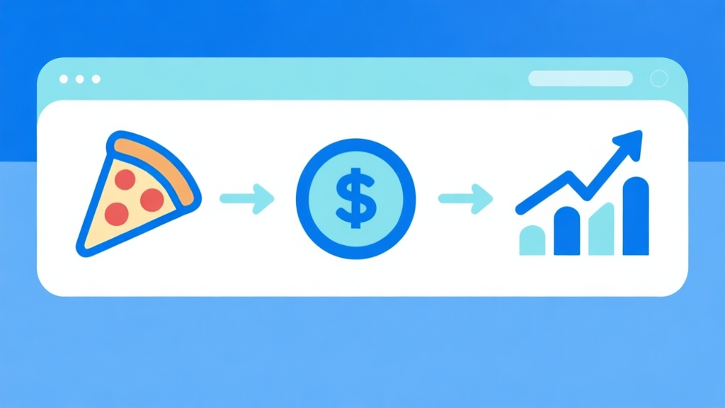 Ilustrasi diagram alur minimalis dengan ikon pizza, koin, dan grafik panah naik, skema warna biru muda dan putih, desain bersih, gaya infografis bisnis high quality illustration, detailed, 16:9