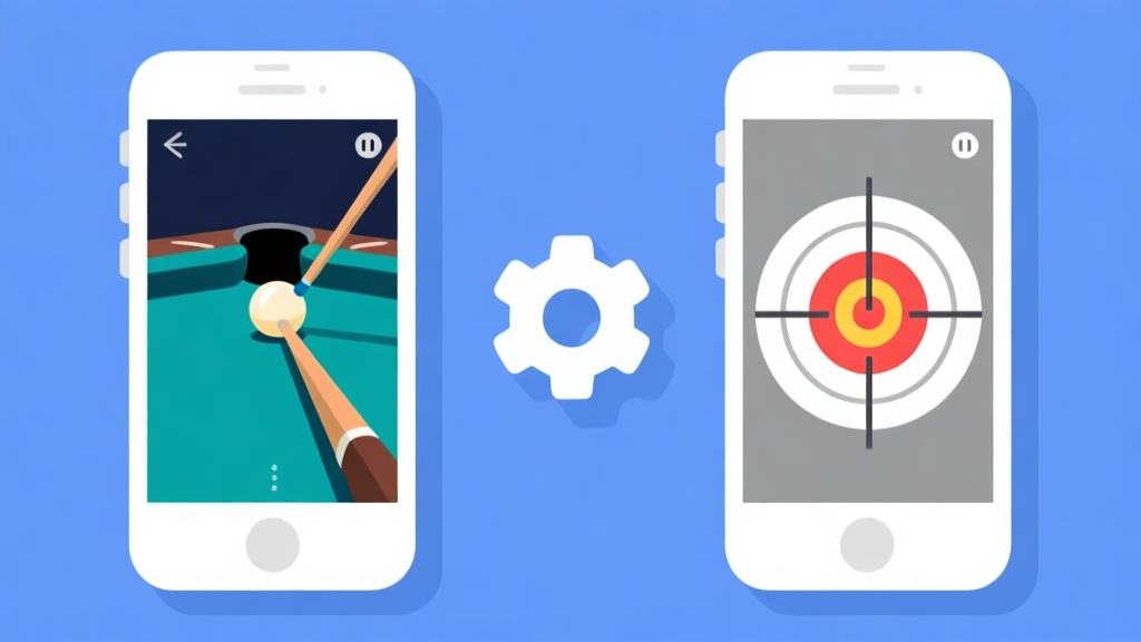 Ilustrasi dua layar ponsel berdampingan, satu menunjukkan bidikan billiard yang meleset dan yang lain menunjukkan bidikan tepat sasaran, dengan ikon pengaturan (gear) di antaranya, gaya flat design minimalis, warna biru dan abu-abu dominan high quality illustration, detailed, 16:9