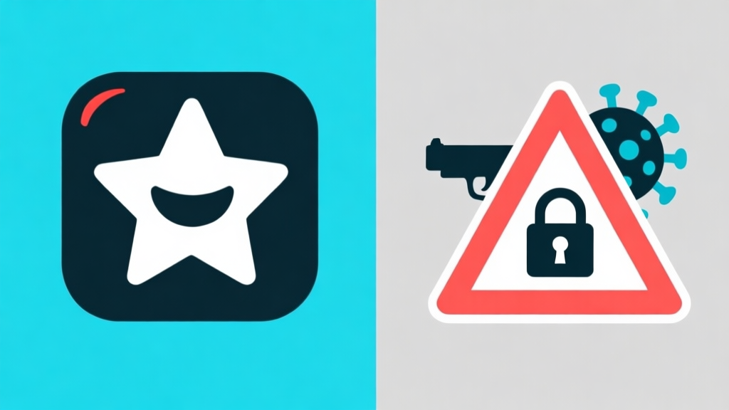 Ilustrasi kontras antara dua sisi: satu sisi menunjukkan ikon game Gunblood dengan bintang dan senyum, sisi lain menunjukkan ikon peringatan bahaya (seperti virus, kunci terkunci), dengan desain minimalis dan skema warna biru muda dan abu-abu high quality illustration, detailed, 16:9